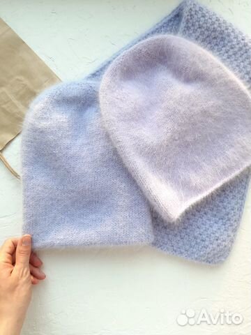 Шапка бини, двойная шапка и шарф из пуха норки