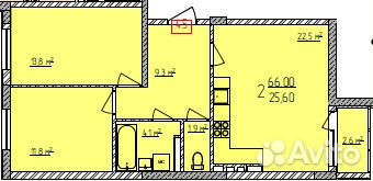 2-к квартира, 65 м², 2/3 эт.