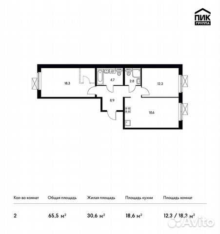 2-к квартира, 65.5 м², 14/15 эт.