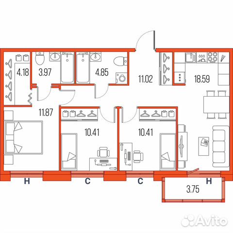 3-к квартира, 75.3 м², 3/22 эт. 3-к квартира, 75.3 м², 3/22 эт.