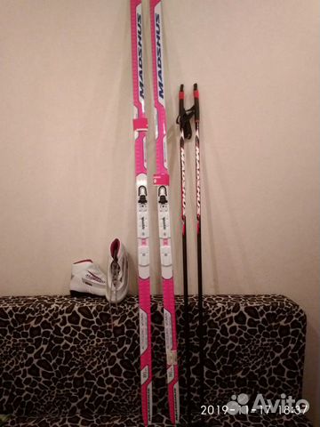Лыжи для девочки(190см) розовые с узором, ботинки