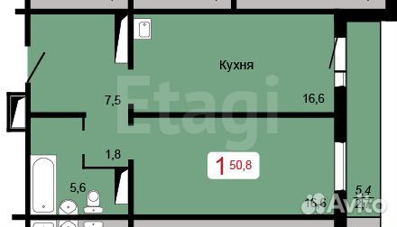1-к квартира, 50.8 м², 6/18 эт. 1-к квартира, 50.8 м², 6/18 эт.