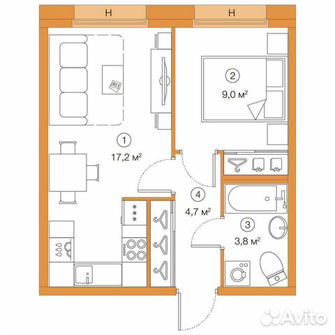 1-к квартира, 34.7 м², 4/25 эт. 1-к квартира, 34.7 м², 4/25 эт.