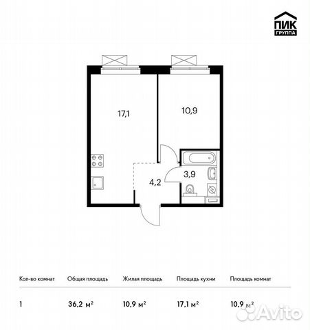 1-к квартира, 36.2 м², 9/9 эт.