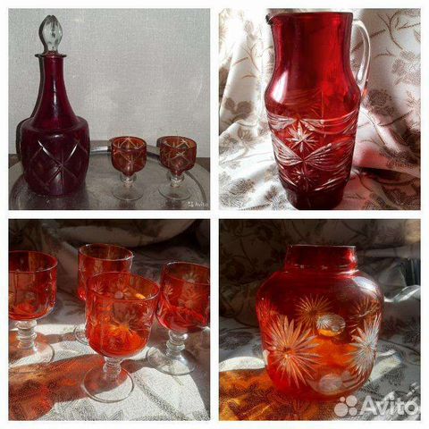 Винтажный кувшин, графин с рюмками, рюмки, ваза