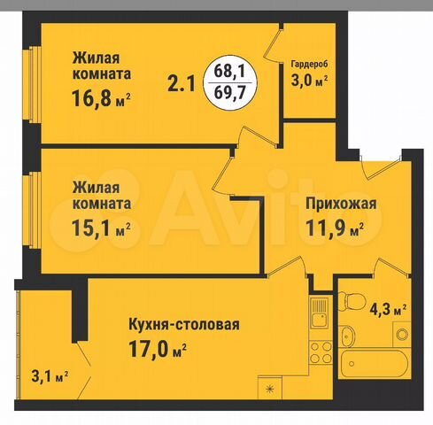 2-к. квартира, 70 м², 5/17 эт.