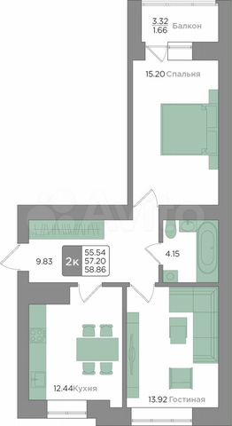 2-к. квартира, 57,2 м², 5/9 эт.