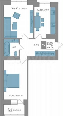 2-к. квартира, 57,7 м², 8/9 эт.