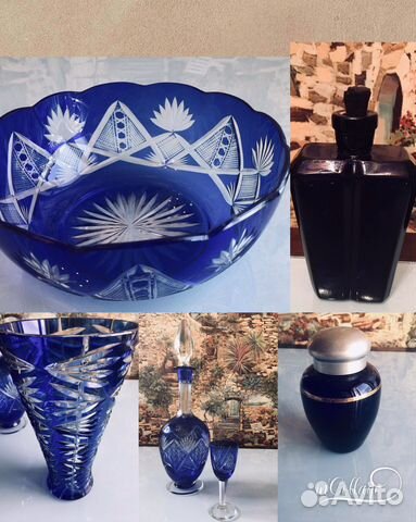Хрусталь СССР Кобальт /флакон для духов и чайница