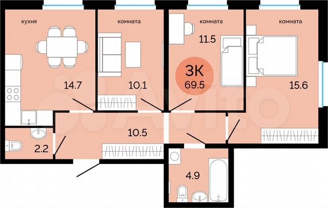 3-к. квартира, 69,5 м², 8/17 эт.