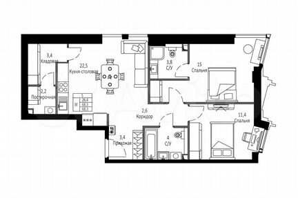 3-к квартира, 68.3 м², 34/42 эт.