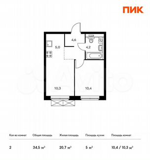 2-к квартира, 34.5 м², 4/13 эт.