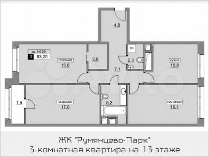 3-к квартира, 83.2 м², 13/22 эт.