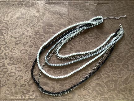 Бусы женские многоярусные черно-белый-серый цвет