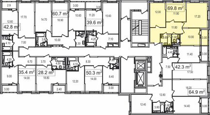 3-к квартира, 69.8 м², 15/25 эт.