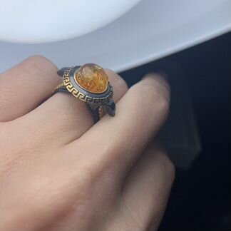 Кольцо и серьги серебро с позолотой. Янтарь