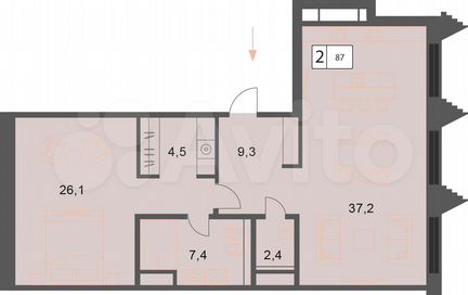 2-к квартира, 87 м², 5/6 эт.