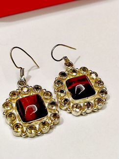 Серьги с цитринами и тигровым глазом, серебро